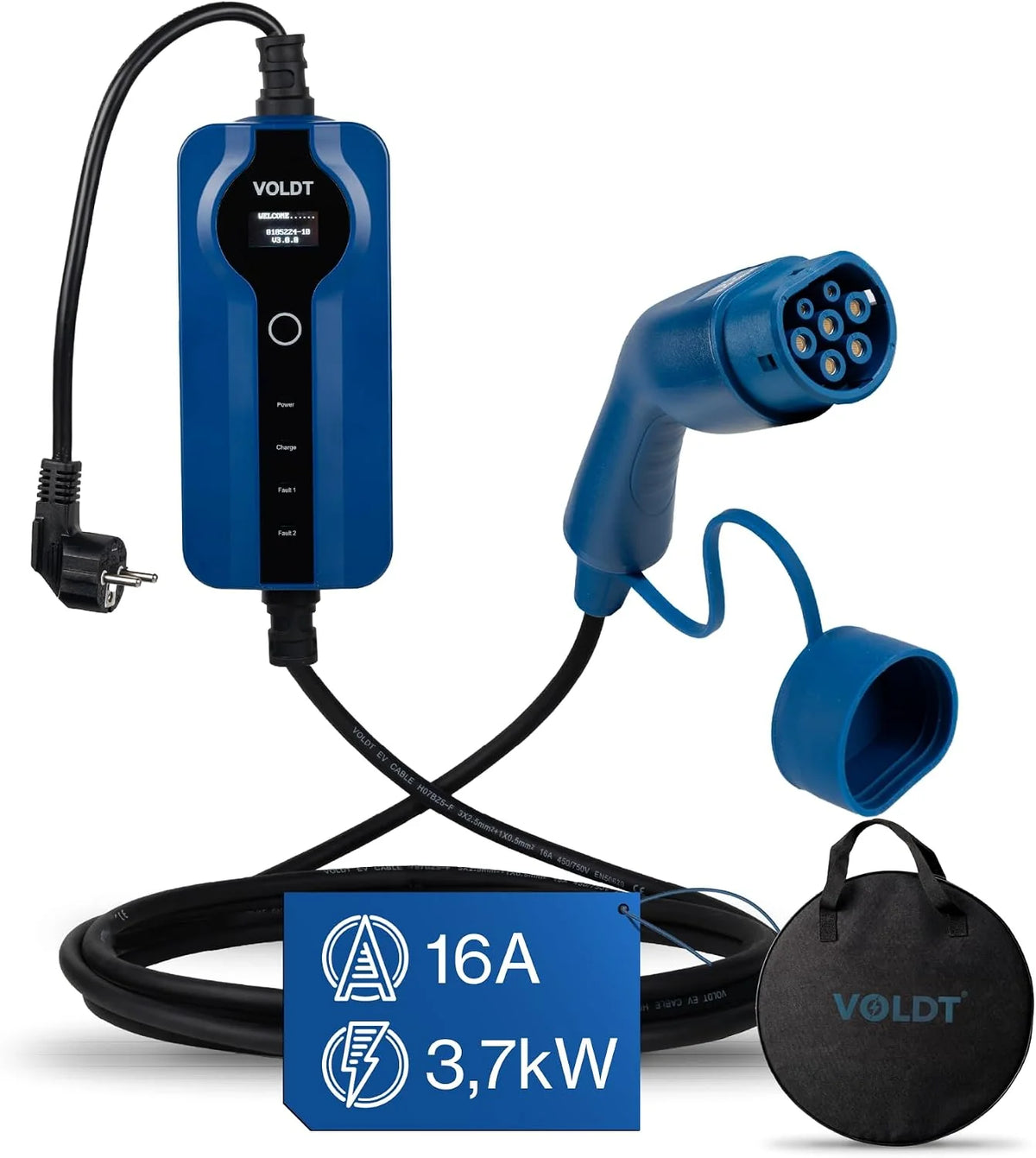 Voldt Type 2 Schuko EV Charging Cable, 3,7 kW, Single-Phase, 8A-16A, Length 5