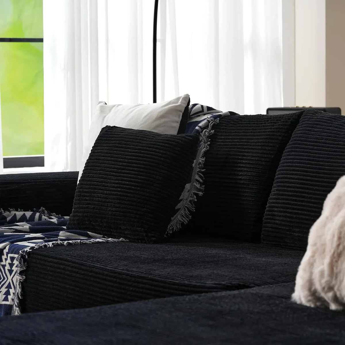 ovios 104in L-Shape Sectional Sofa With Chaise, Grey Plush Corduroy Fabric