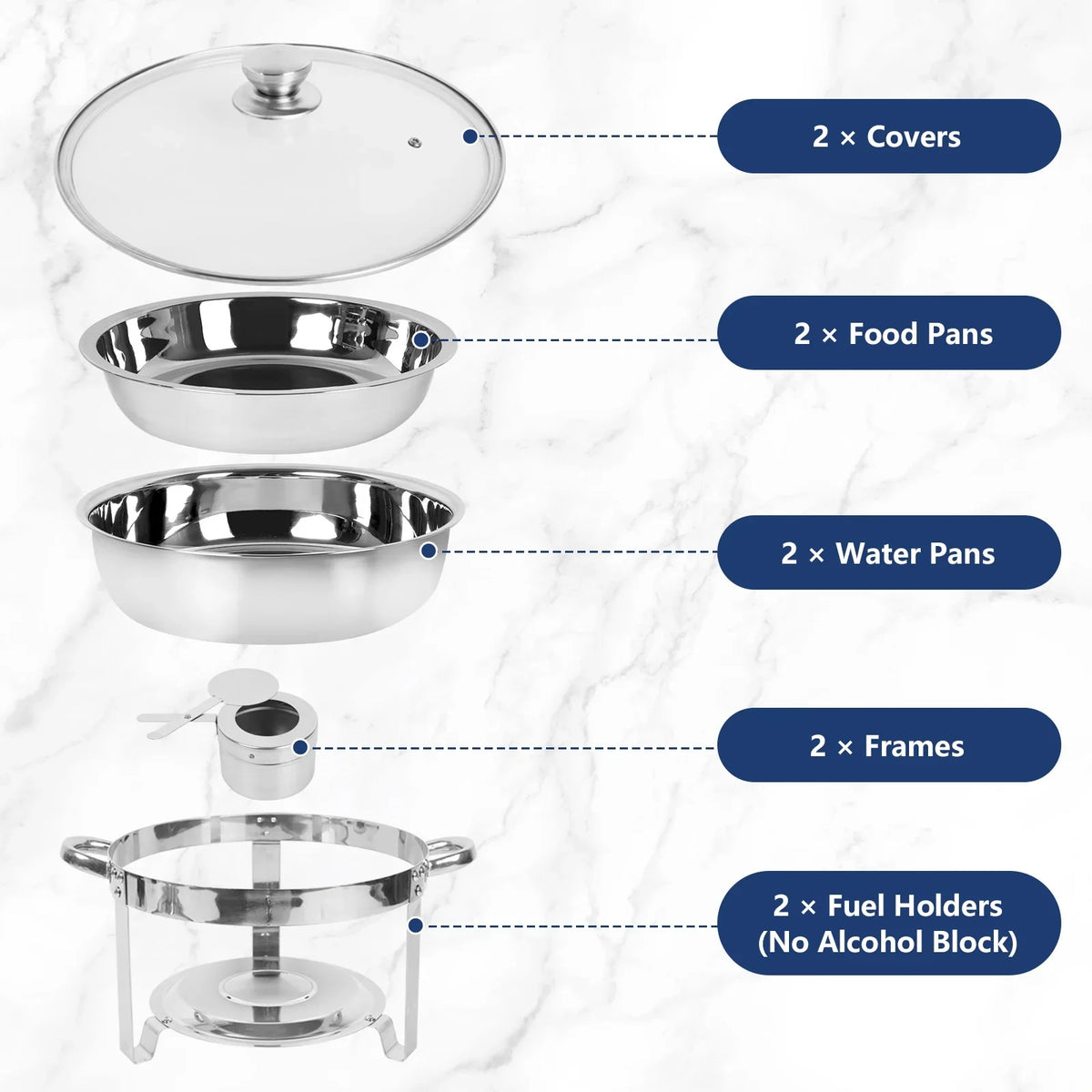 IMACONE 5QT Stainless Steel Round Chafing Dish Buffet Set, 2-Pack With Glass Lid