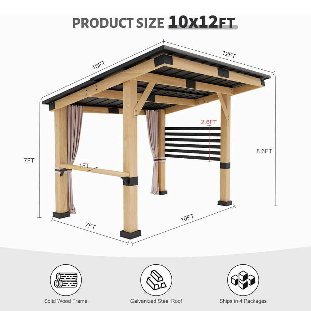 10x12FT Outdoor All-Season Wooden Cedar Hardtop Gazebo With Metal Roof And Back Curtains - SAK57184