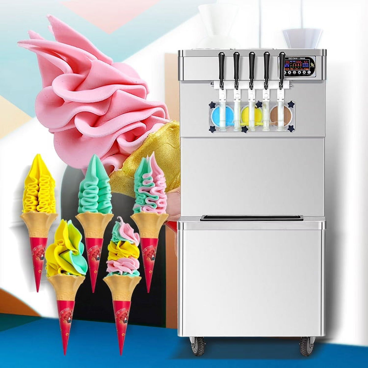 Kolice Commercial Soft Serve Ice Cream Machine, 5 Flavors, 3 x 7L Upper Tanks, 110V 60HZ, 2KW