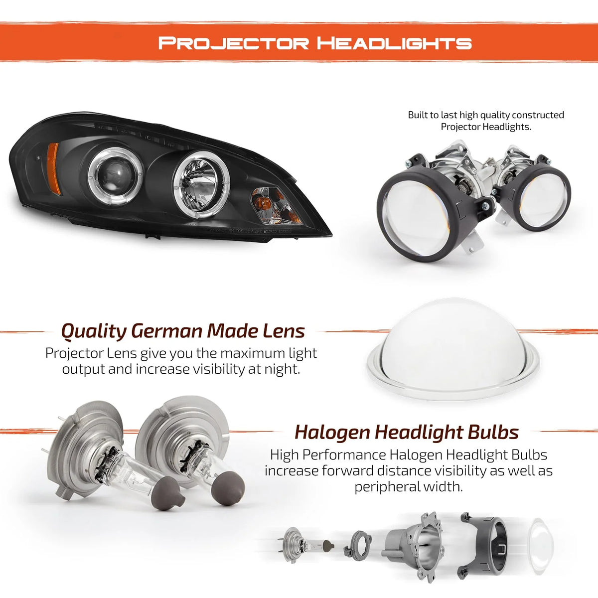 AKKON Dual Halo DRL Projector LED Headlight And LED Tail Lamp Set, Black Housing - 2006-2013 Chevy Impala, 2014-2016 Limited