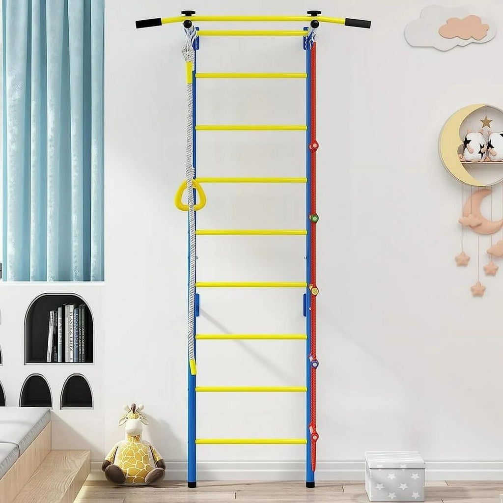 Cuoote Metal Wall Ladder Stall Bars Set With Pull-Up Bar, Climbing Rope And Gymnastic Rings - 5-In-1