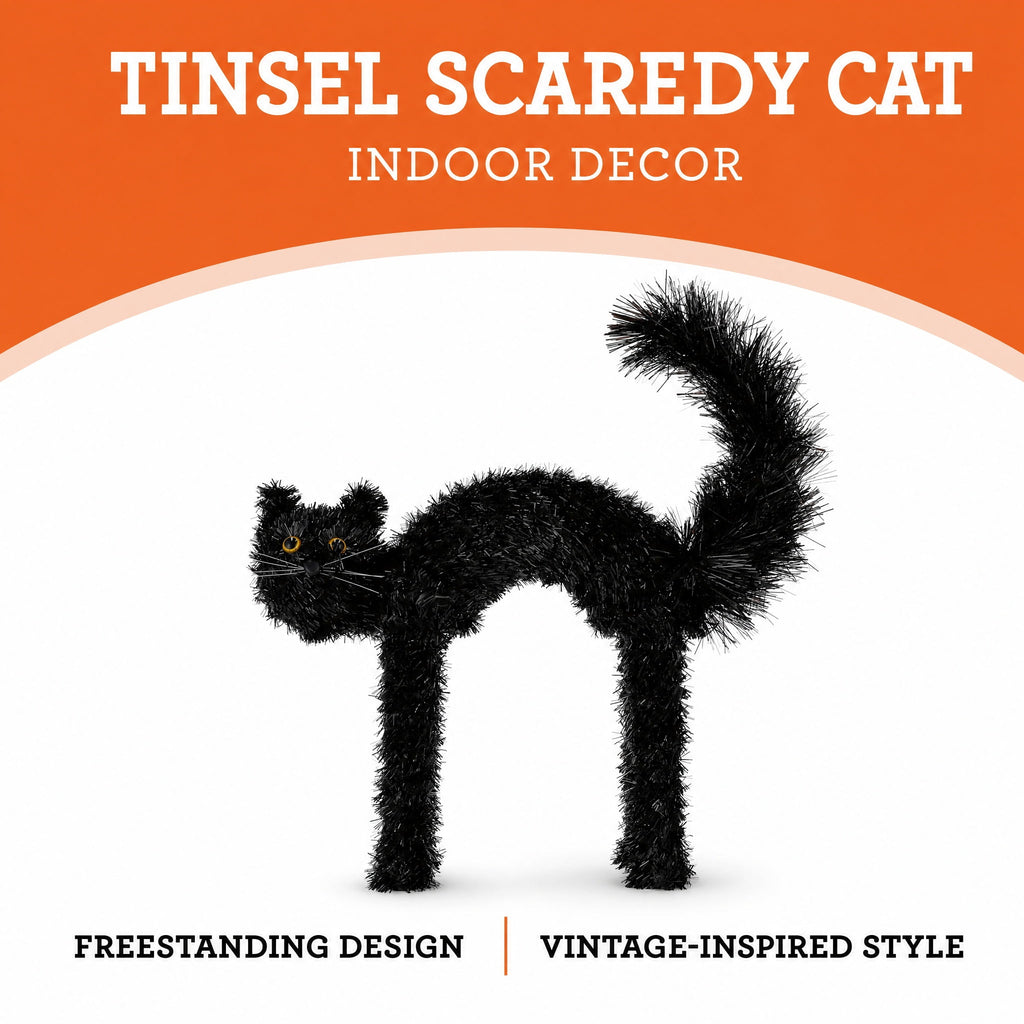 Tinsel Scaredy Cat Decoration, Black, 15", Halloween by Way To Celebrate