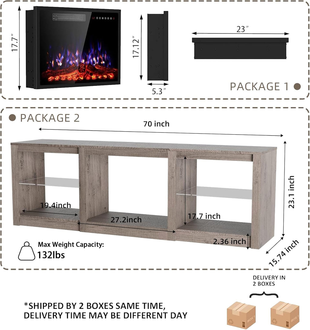 70 Inch Fireplace TV Stand For TVs Up To 80 Inches With 23 Inch Electric Fireplace Insert - Gray