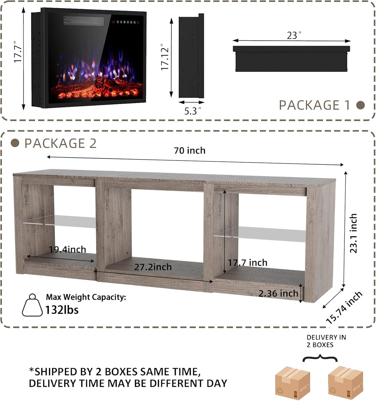 70 Inch Fireplace TV Stand For TVs Up To 80 Inches With 23 Inch Electric Fireplace Insert - Gray