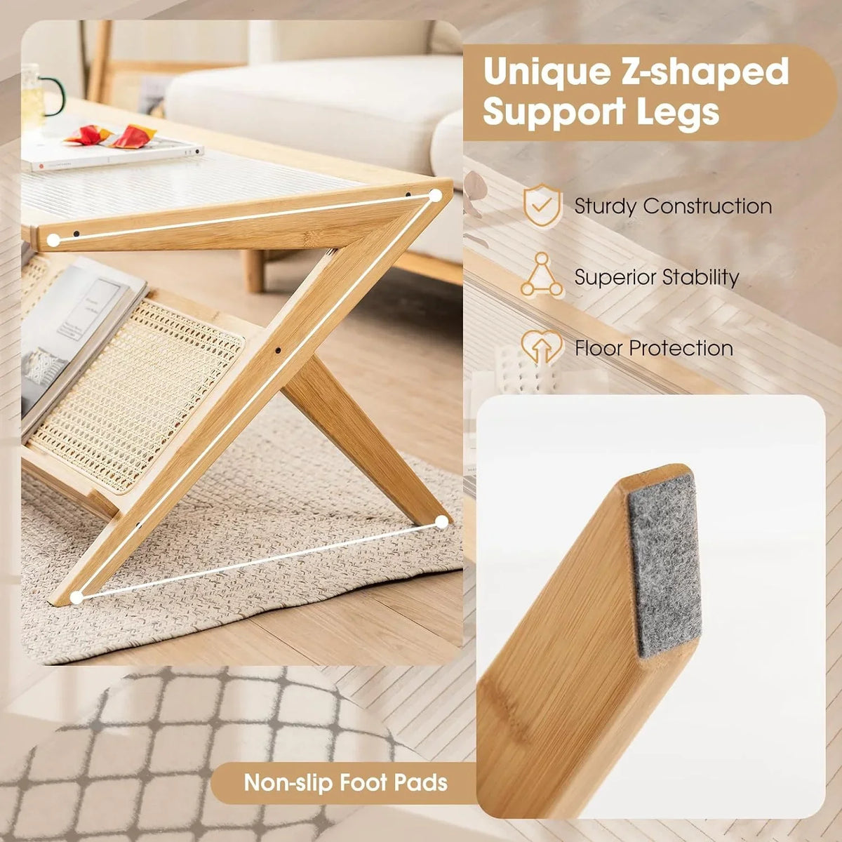 Bamboo 2-Tier Rectangular Coffee Table With Glass Tabletop And Rattan Storage Shelf - Natural