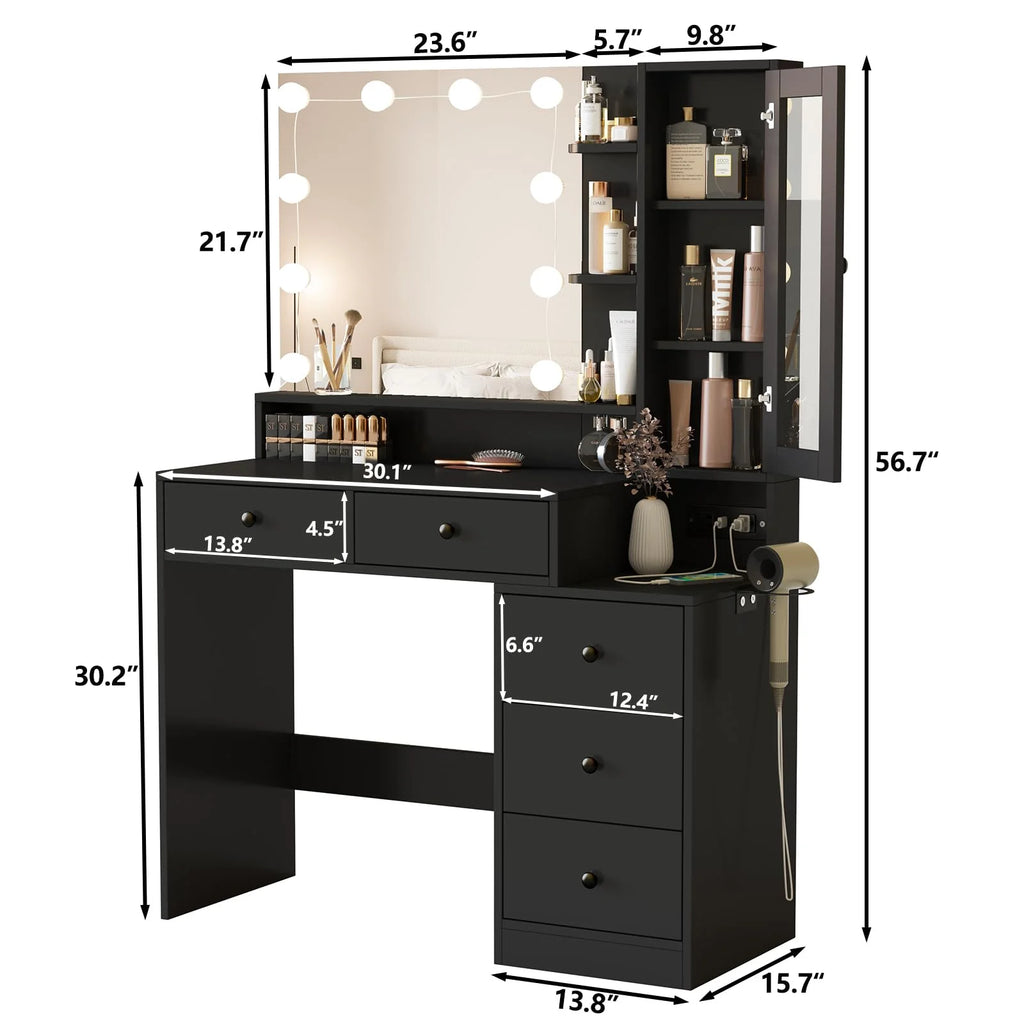 VEANERWOOD Makeup Vanity Desk With Lighted Mirror, Power Strip, 5 Drawers, White - 39.4in x 15.7in x 56.7in