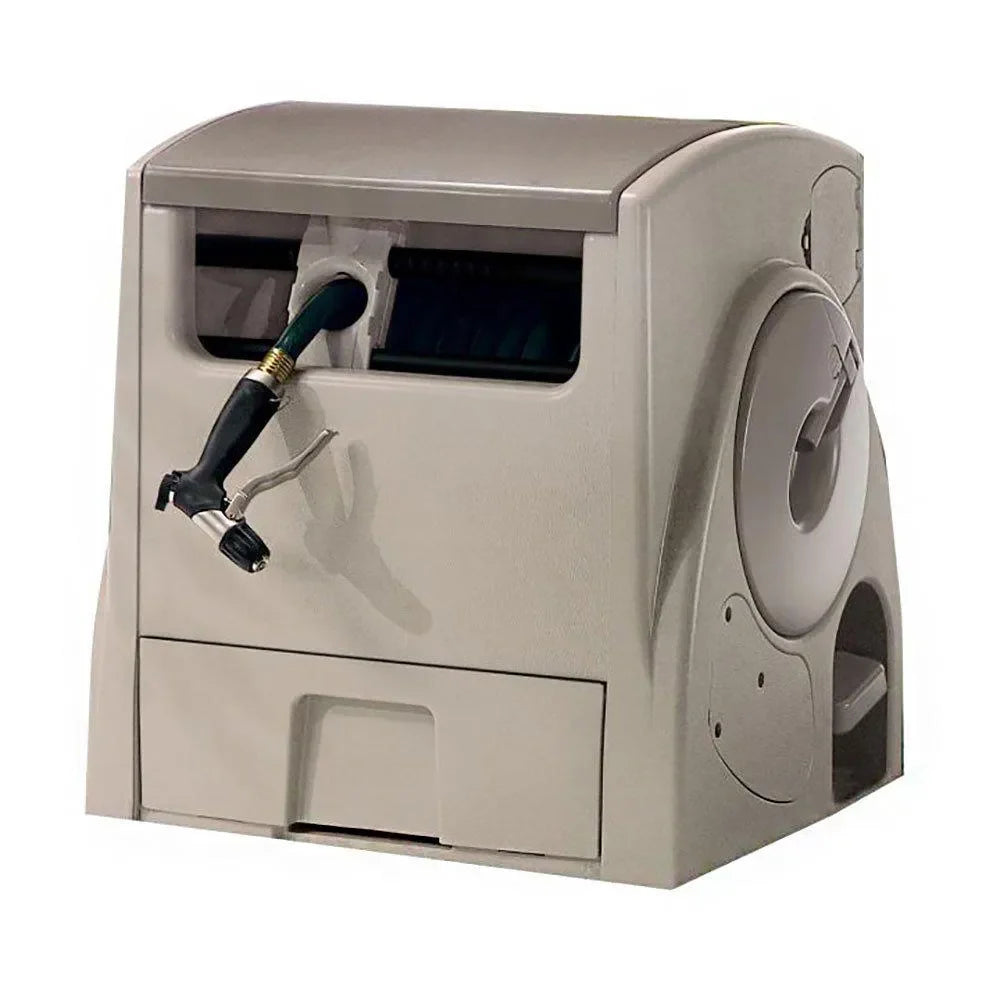 Powerwind Auto Power Rewind Hose Reel, 100 ft Capacity, Light Taupe