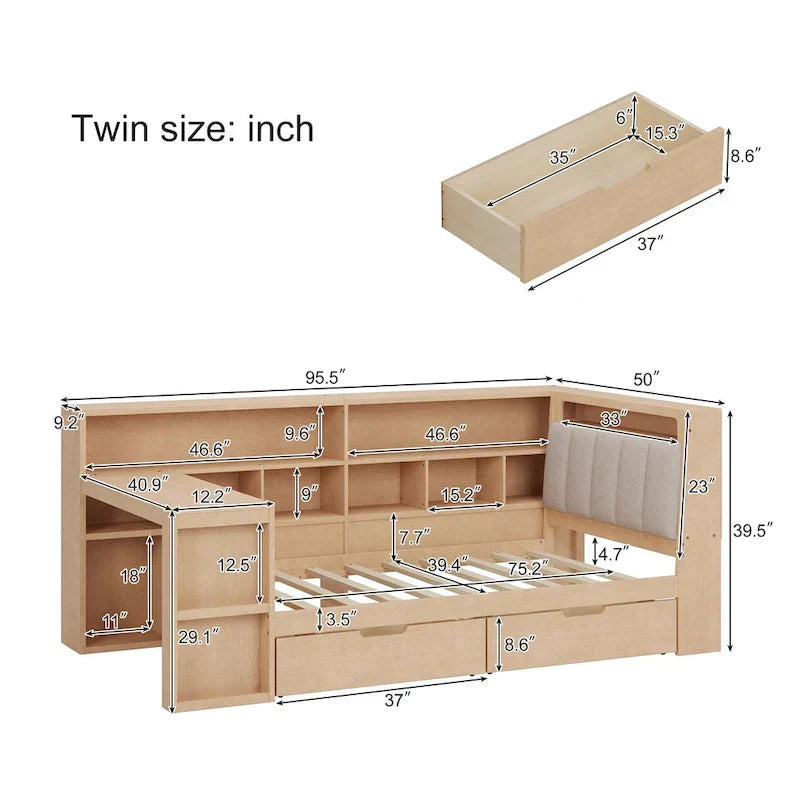 Ivery Furniture L-Shaped Wooden Twin/Full Daybed With Desk, Bookcase, Drawers And RGB Light - Natural/White
