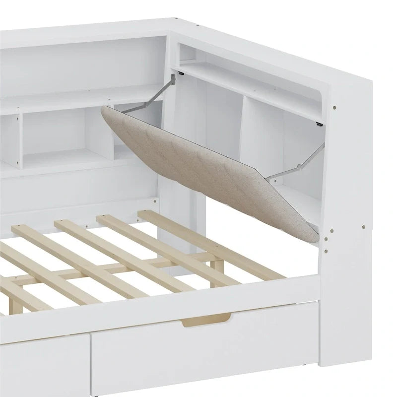 Ivery Furniture L-Shaped Wooden Twin/Full Daybed With Desk, Bookcase, Drawers And RGB Light - Natural/White