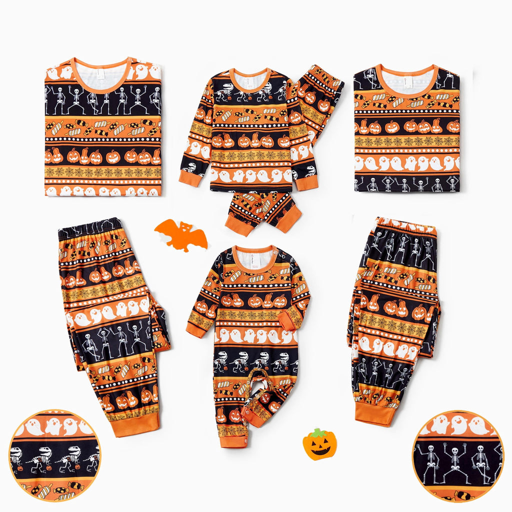 PatPat Halloween Pajamas Kids Holiday Pjs Family Matching Letter & Bat Print Short Sleeve Sleepwear Sets for Women Girls Boys, Black & Orange, L
