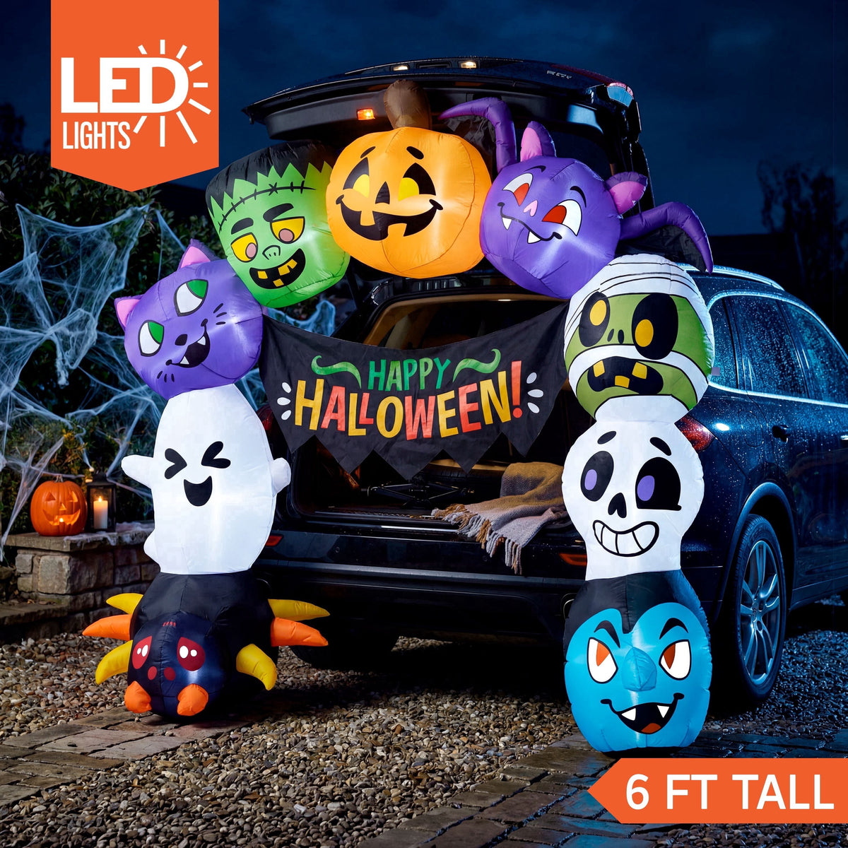 Joyfy 6 ft Halloween Inflatable Archway Decoration with Multi-Characters, Trunk or Treat Car Decorations Kit Archway with Built-in LED Light for Halloween Party, Outdoor, Yard, Garden Decor