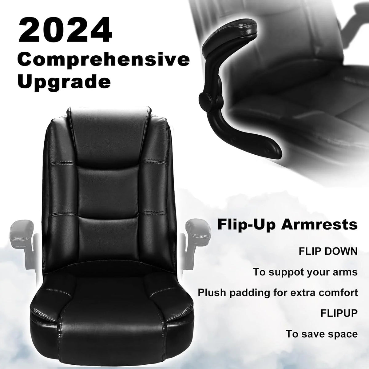 Big And Tall Ergonomic Office Chair, High Back Leather Executive Computer Chair With Padded Flip-Up Arms - 20.87in D x 27.3in W x 47.24in H