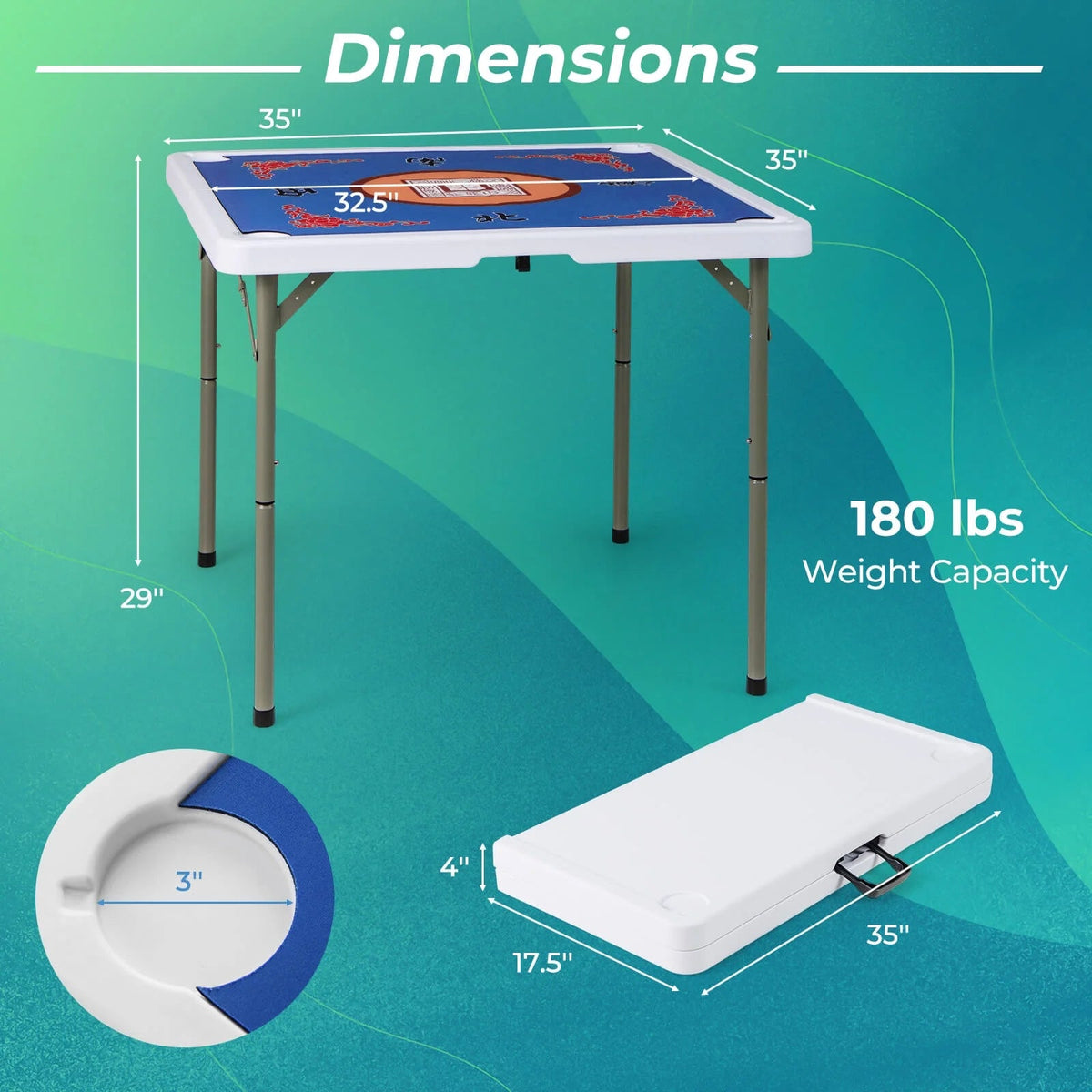 Costway Folding Mahjong Table With Cup Holders, Felt Mat And Carrying Handle - 35in x 35in x 29in