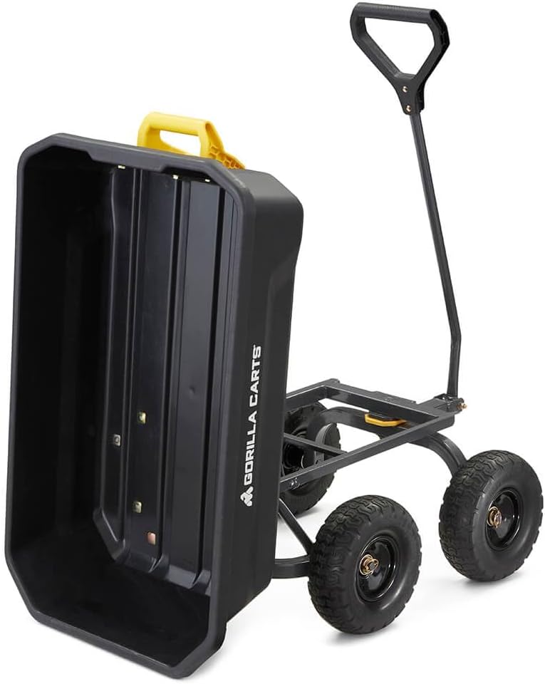 Poly Dump Garden Cart With No-Flat Tires And Serrated Shovel, 7 Cubic Feet, 1,200 lb Capacity, Black