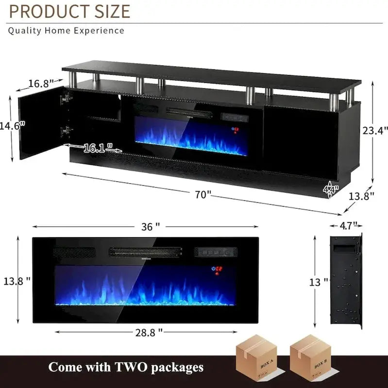 70-Inch TV Stand With 36-Inch Electric Fireplace And Adjustable Shelves
