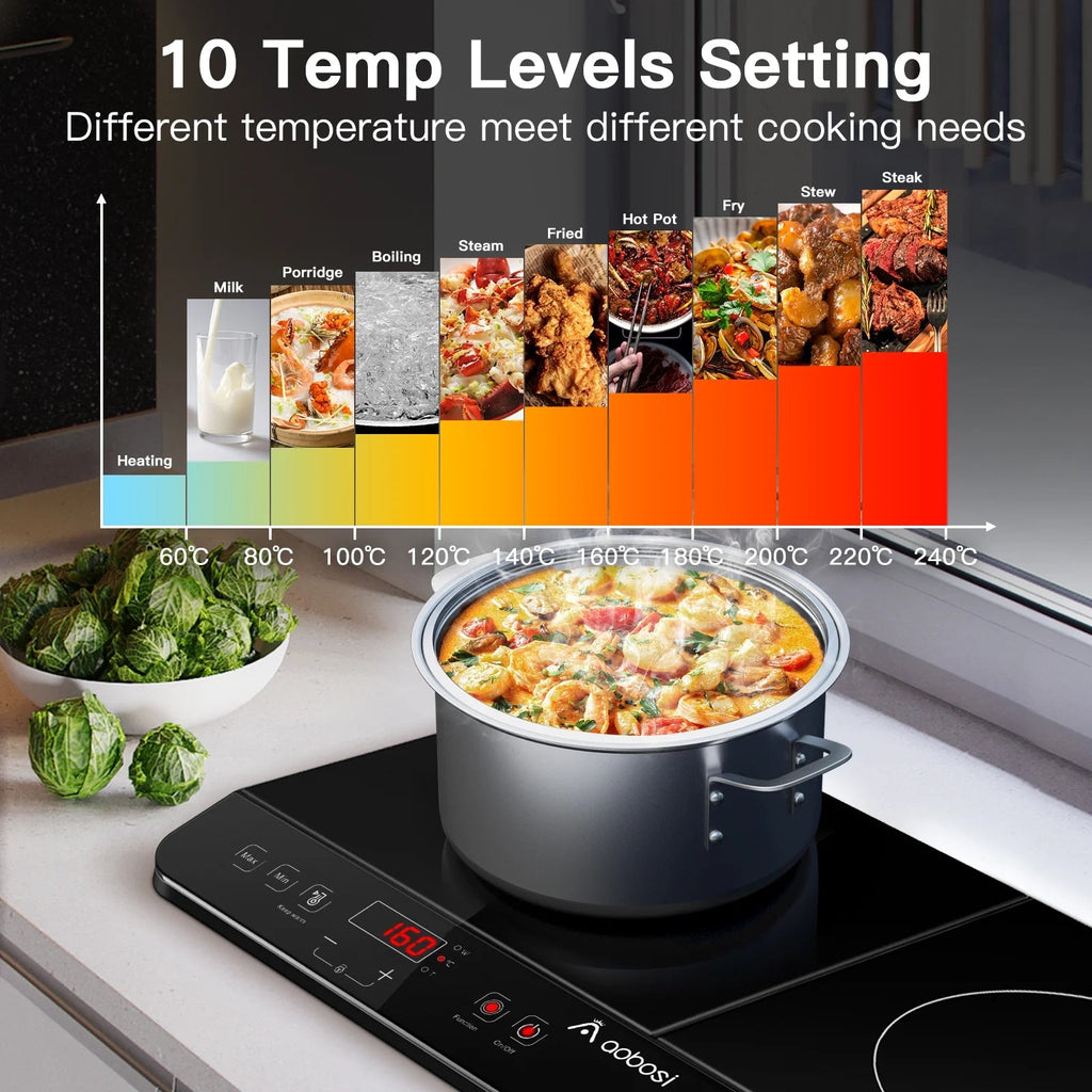 Aobosi Double Induction Cooktop With 2 Burners, 1800W, Black