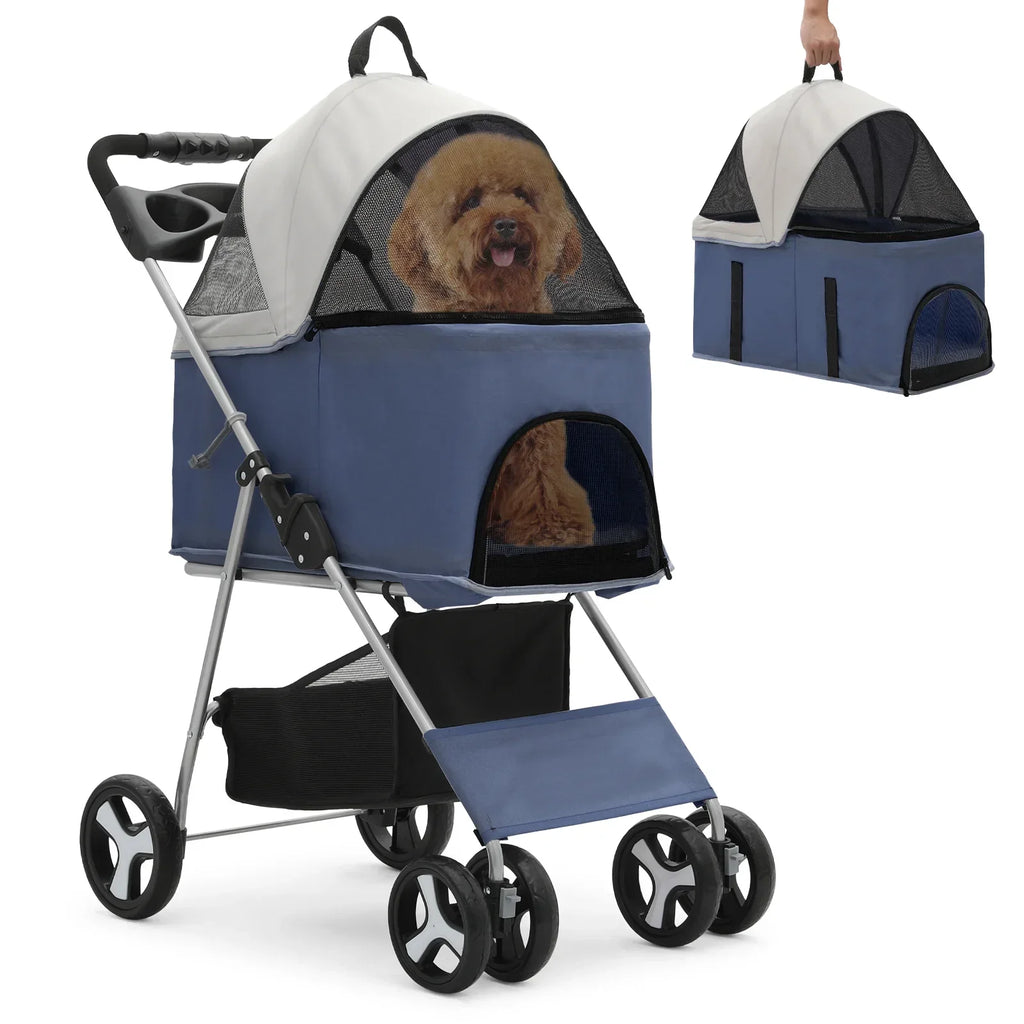 MoNiBloom 4-Wheel Foldable Pet Stroller, 33 lbs, Navy Blue