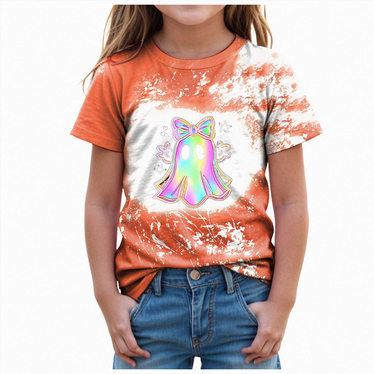 CAUYDY Halloween Ghouls Ghost Retro Girl Kids T-Shirt Graphic Tshirt Little Kids Fall Short Sleeve Tee Tops(Orange, 8-9 Y)