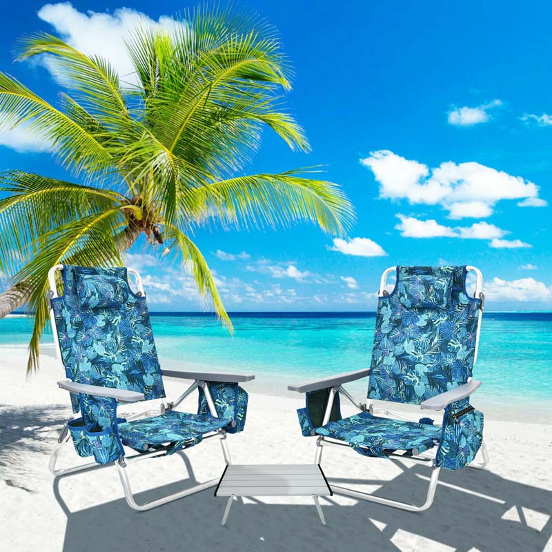 2-Pack 5-Position Outdoor Folding Backpack Beach Chairs With Side Table Set