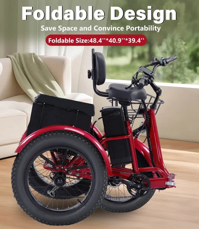 YEBEI Folding Electric Tricycle for Adults, 500W Motor, 48V15AH Lithium Battery, 20 x 4.0 in Fat Tires