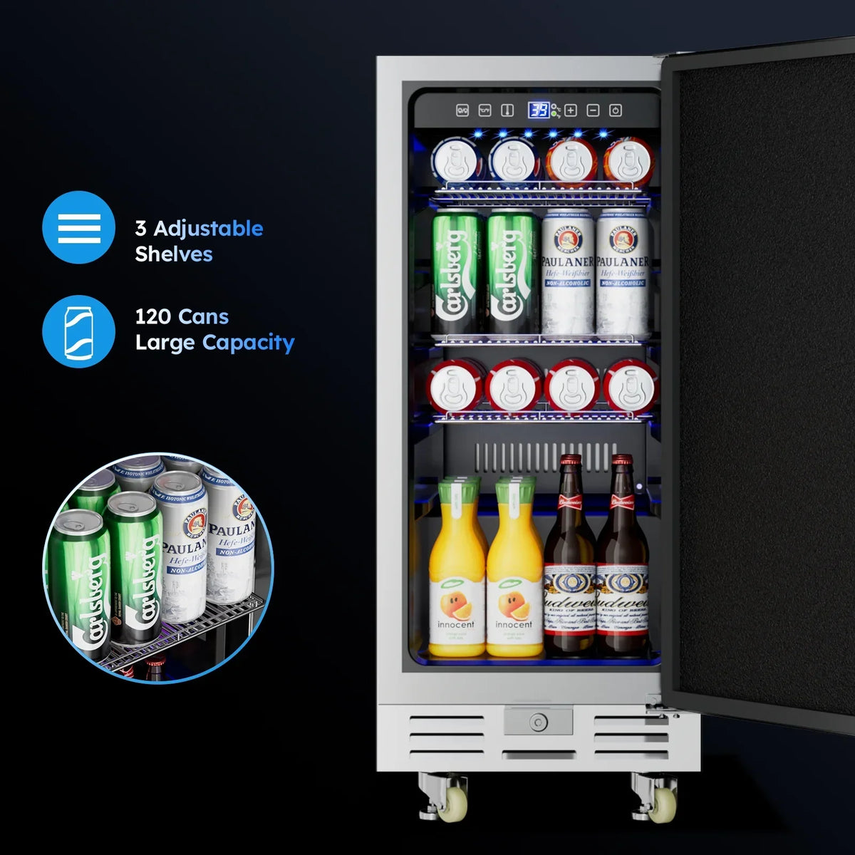 Ecojoy 15 Inch Stainless Steel Under Counter Beverage Refrigerator, 120 Cans