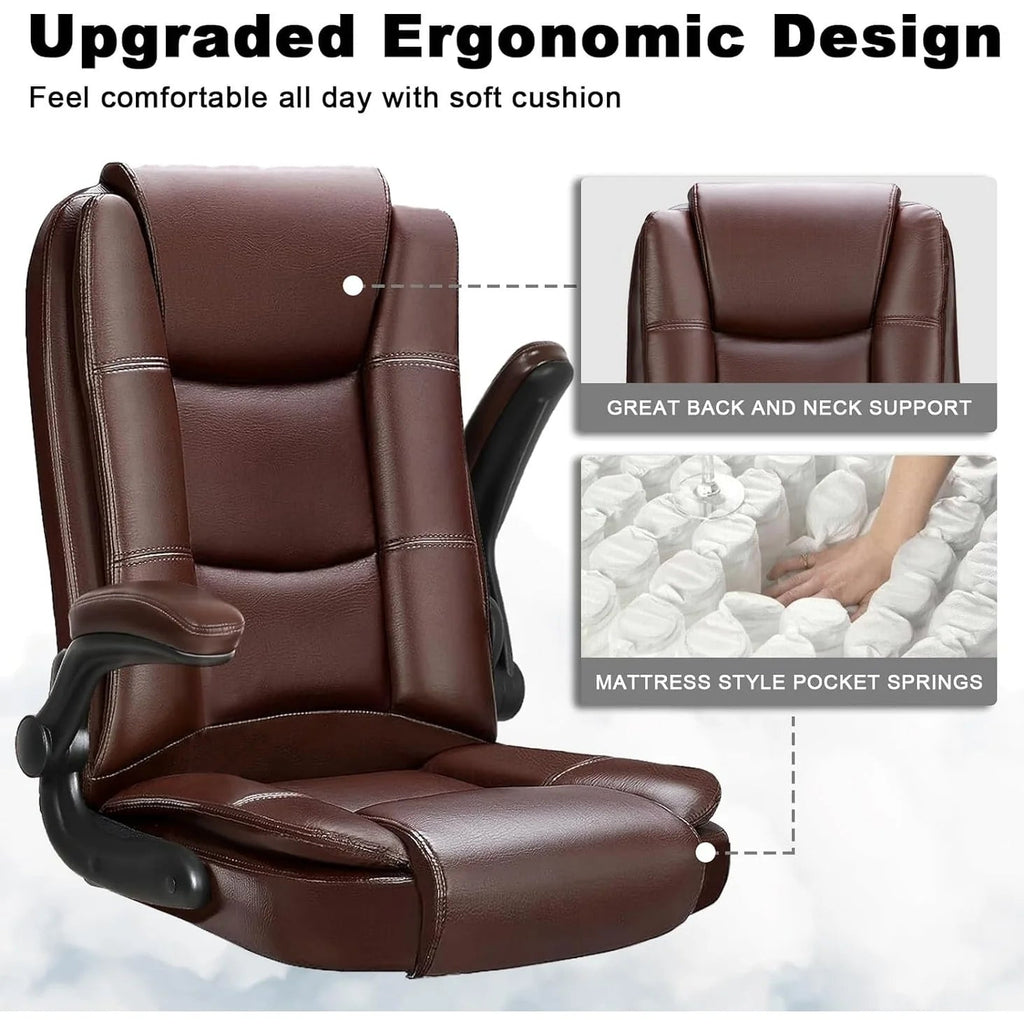 Big And Tall Ergonomic Office Chair, High Back Leather Executive Computer Chair With Padded Flip-Up Arms - 20.87in D x 27.3in W x 47.24in H
