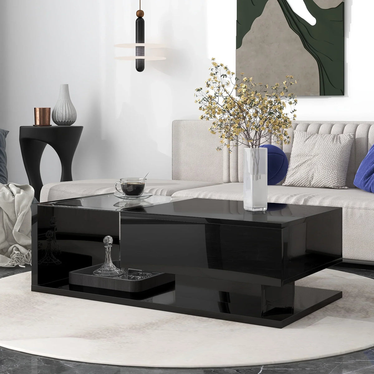 JQCX Modern Coffee Table With Tempered Glass, High-Gloss UV Surface And 2-Tier Storage