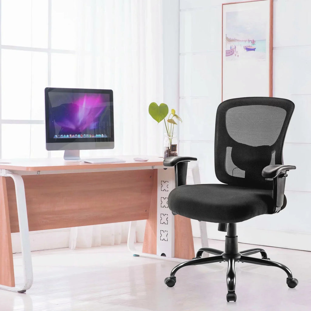 Bigroof Mesh Office Chair With Flip-Up Arms, Lumbar Support, Height Adjustable, Black