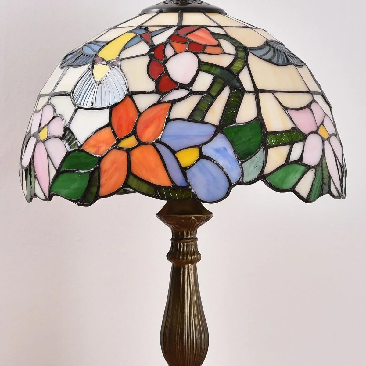 Tiffany Style Stained Glass Hummingbird Table Lamp 12in Shade, 18in Tall