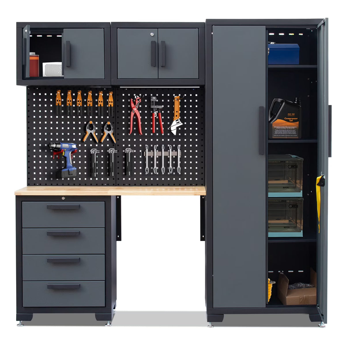 HPDMC 7-Piece Metal Garage Cabinet System With 4-Drawer Roller Cabinet, 47.2 in Workbench And Pegboards