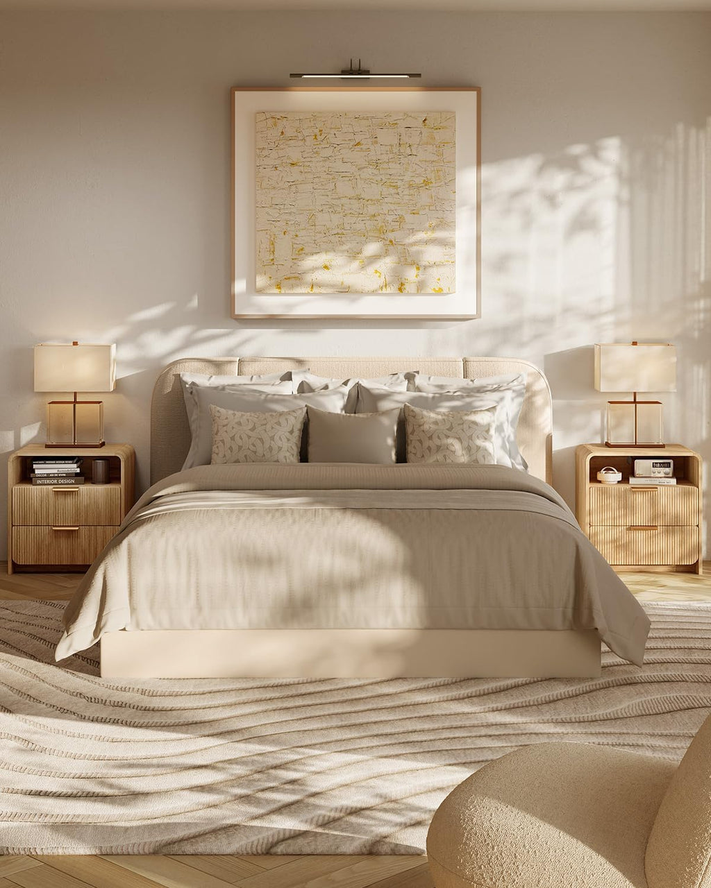 Fluted Nightstand Set Of 2 With Charging Station, 24 Inch, Natural Oak