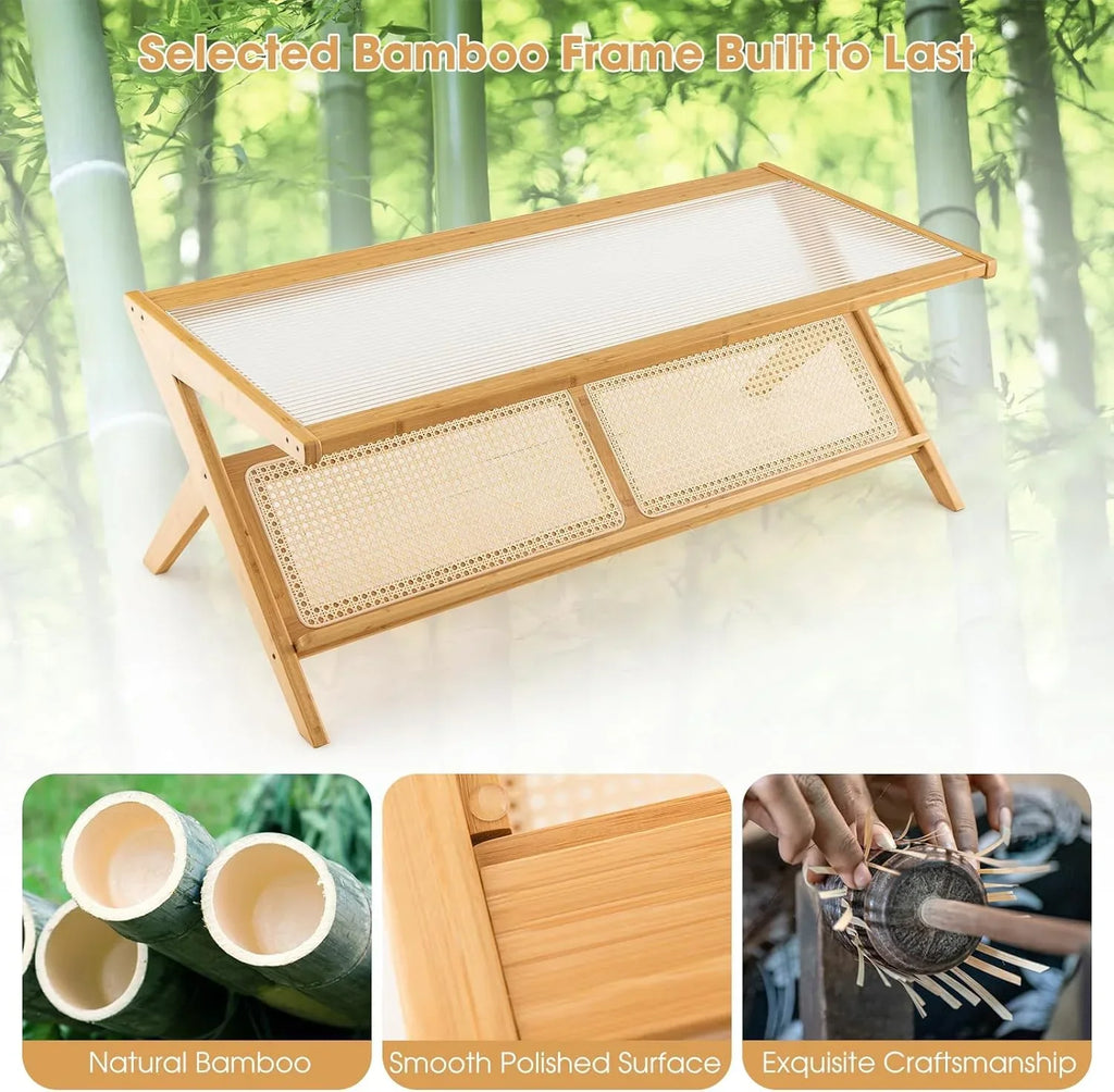 Bamboo 2-Tier Rectangular Coffee Table With Glass Tabletop And Rattan Storage Shelf - Natural