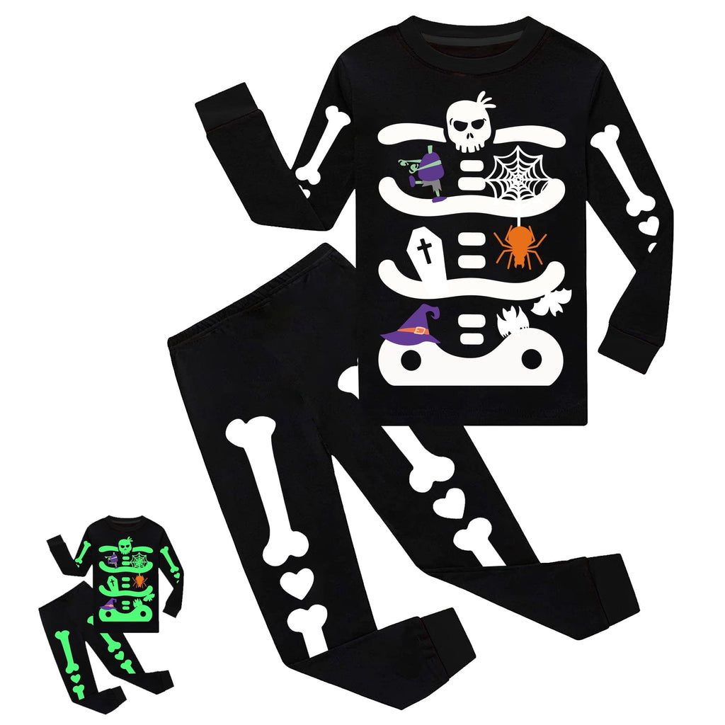 Rimyaw Kids Halloween Pajamas Set, Glow in the Dark Skeleton Sleepwear, 2-Piece cottom Long Sleeve PJs for Boys and Girls, Black