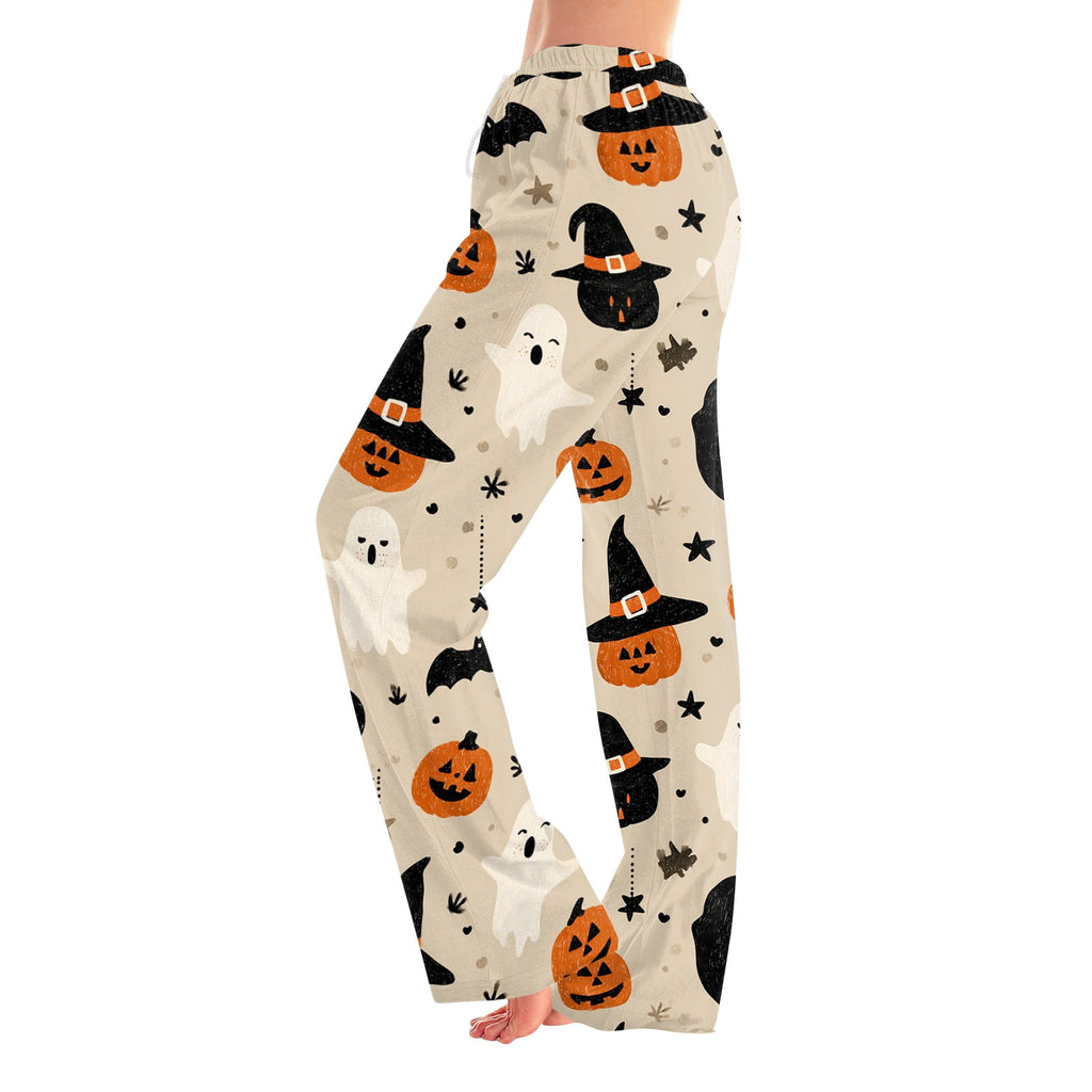 Fabrcox Halloween Womans Pajama Pants Ghost Pumpkin Candy Sleep Pants Women Fall Winter Festival Soft Lounge Pants for Women Khaki S