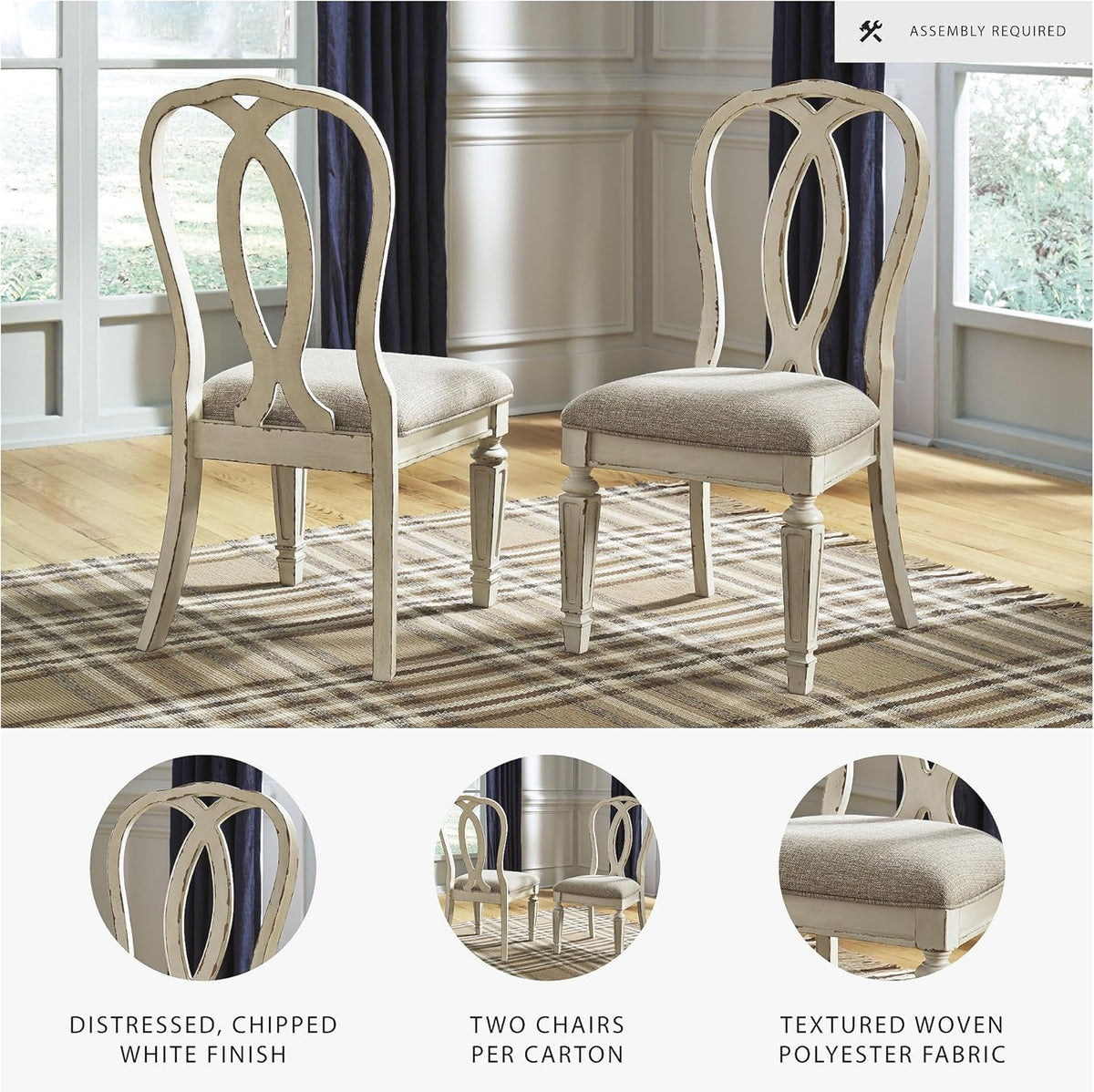 Signature Design by Ashley French Country Ribbon Back Dining Chairs, 2 Count, Chipped White - Realyn