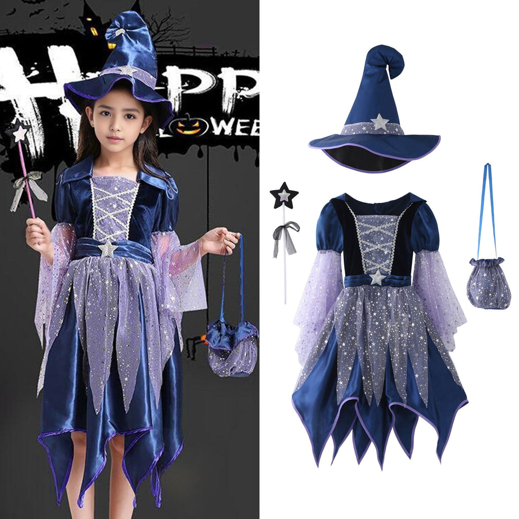Gunia Girls Witch Tutu Dress Outfits With Hat 4 Piece Halloween Cosplay Dress Role Play For Toddler Kids Holiday Party Dress Up Play, Size 4-14 Years