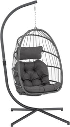 Yechen Indoor Outdoor Wicker Hanging Egg Chair With Stand, 38 x 38 x 78 Inches, 350 lbs, Charcoal Grey - EG-001