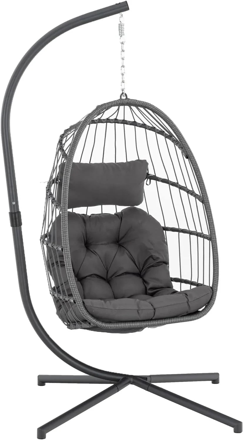 Yechen Indoor Outdoor Wicker Hanging Egg Chair With Stand, 38 x 38 x 78 Inches, 350 lbs, Charcoal Grey - EG-001