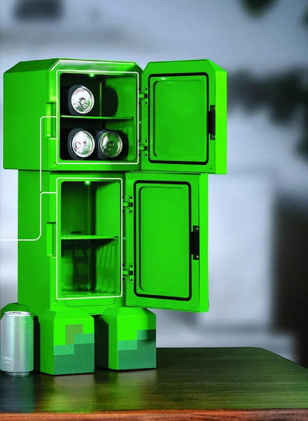 Minecraft Creeper 2 Door Mini Fridge, 8L, Green, 25.2 in H x 9.5 in W x 9.1 in D