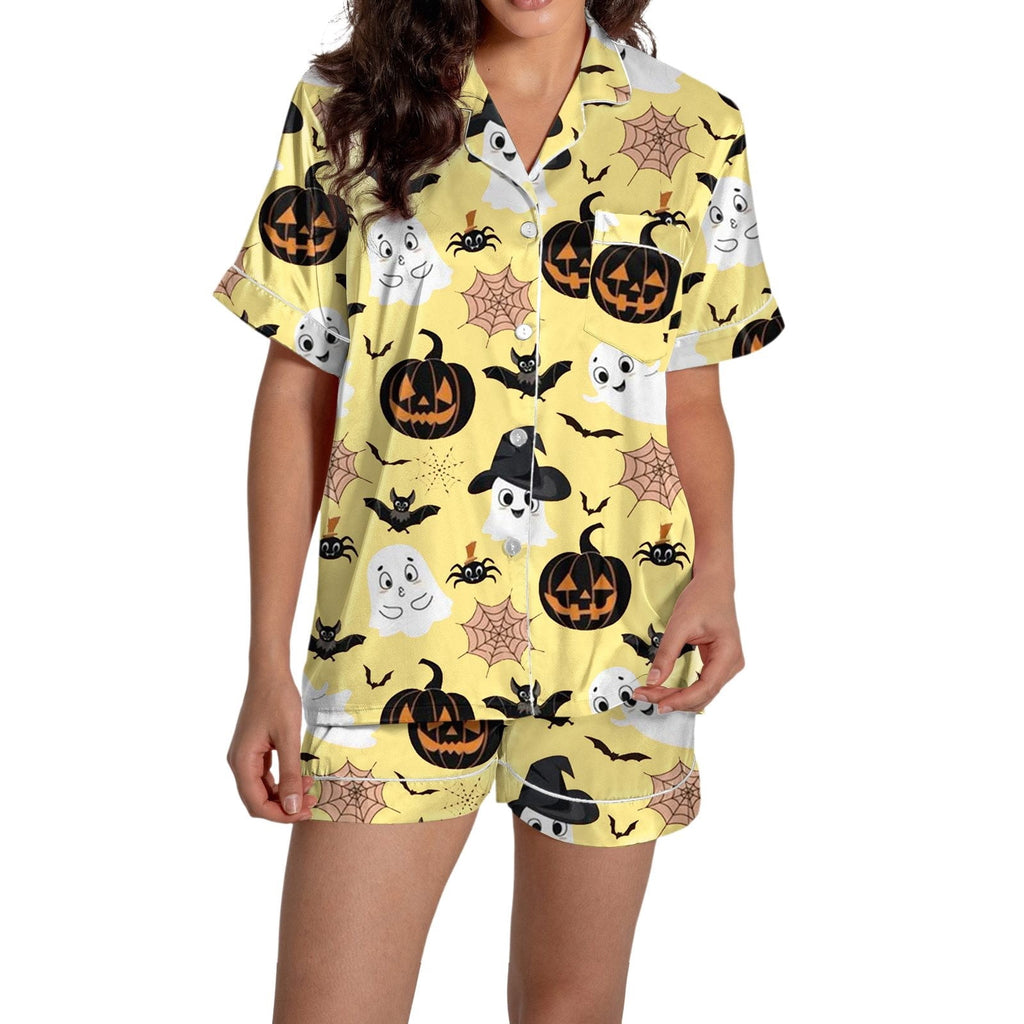 ChenYiFH Halloween Pajama Sets For Women 2 Piece Pumpkin Print Shirts And Pajamas Shorts Button Down Short Sleeve Sleepwear Black S