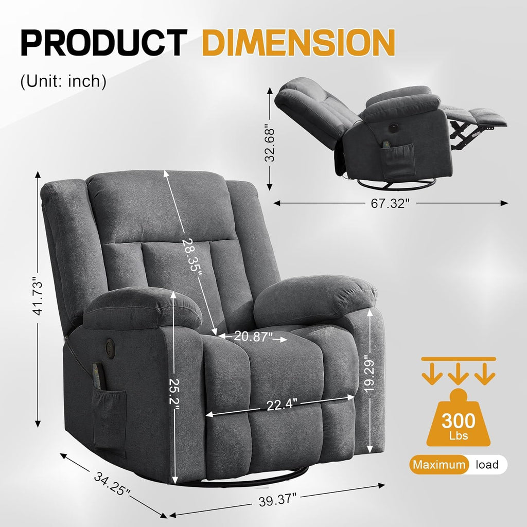 Korser Swivel Rocker Recliner Chair With Massage, Heating, USB Charging And Storage
