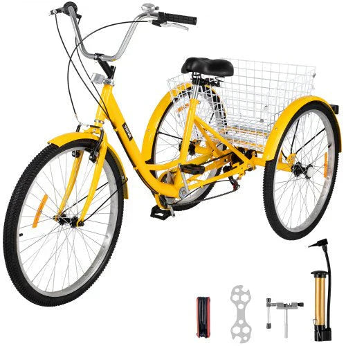 Adult Tricycle 26 in 7 Speed 3 Wheel Bike With Basket - Yellow