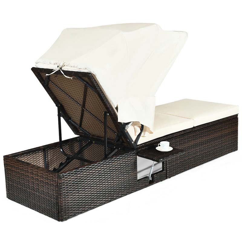 Cushioned Rattan Outdoor Chaise Lounge Chair With Folding Canopy, Flip-Up Tea Table And 5 Positions