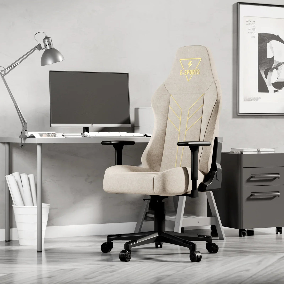 Bigzzia High Back Ergonomic Gaming Chair With 3D Armrests, Beige