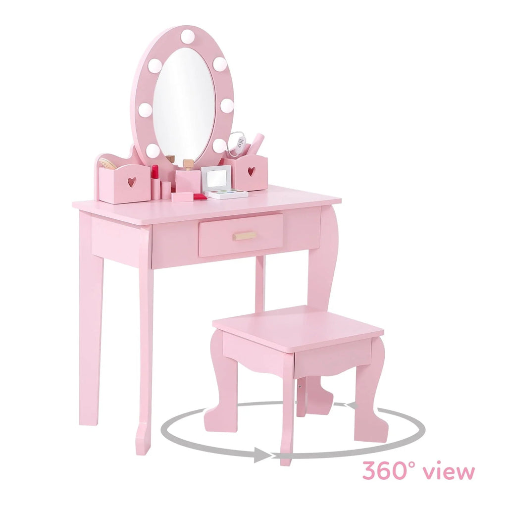Kids Wood Vanity Table And Chair Set With Lights, Mirror, Drawer And Stool