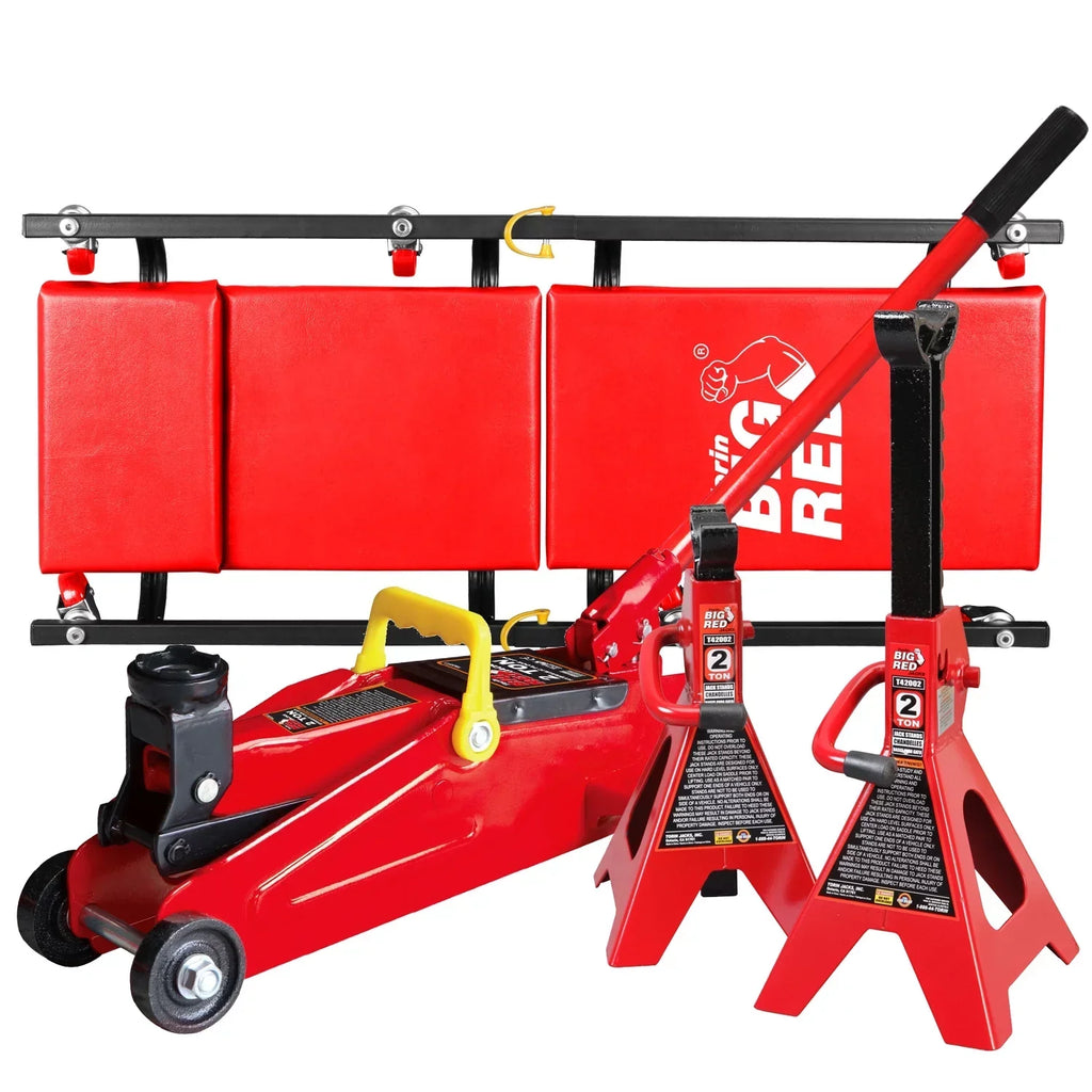 BIG RED 2 Ton Hydraulic Floor Jack Combo With 2 Jack Stands, Garage Creeper And Red Color - W8200