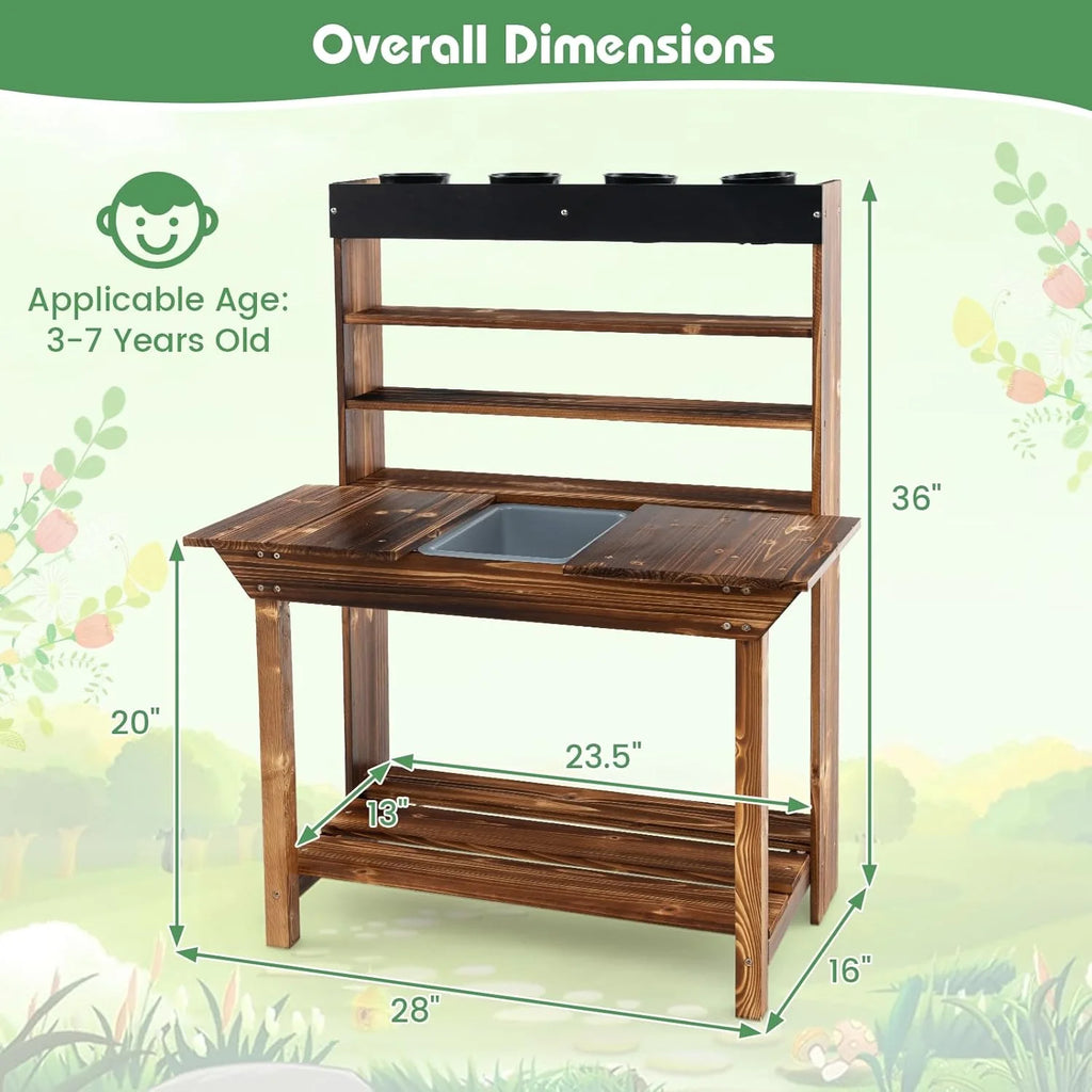 DORTALA Kids Potting Bench Mud Kitchen, Fir Wood, 4 Pots, 28 x 16 x 36 in