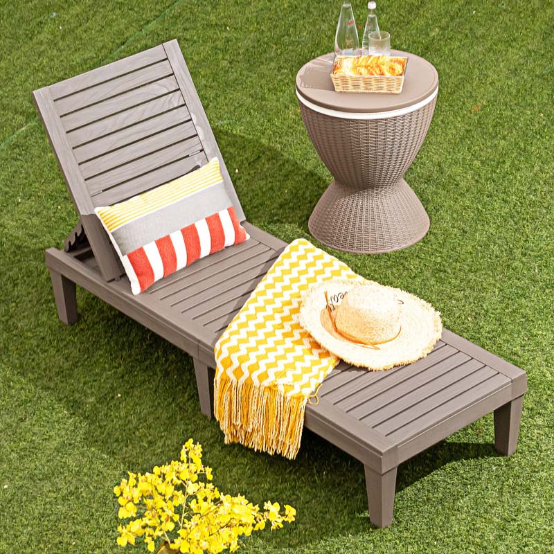 Outdoor Patio Chaise Lounge Chair Recliner - Adjustable 5 Positions, Wood Texture Design